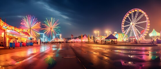 Vibrant Carnival with Ferris Wheel and Colorful Night Lights