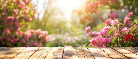 Beautiful garden with blooming flowers and wooden deck under soft sunlight, creating a serene and peaceful outdoor springtime scene.