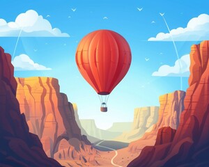 A vibrant red hot air balloon floats between towering canyon cliffs under a clear, blue sky with clouds.