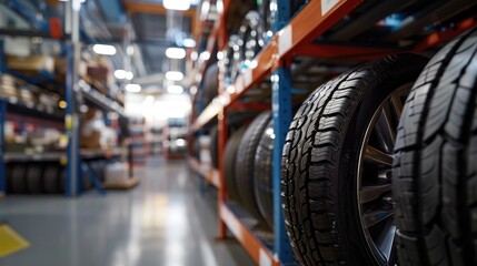 Fototapeta premium Detailed image of a new highway terrain tire, placed on a sturdy and clean tire storage shelving unit in a professional auto workshop