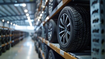 Fototapeta premium Detailed image of a new highway terrain tire, placed on a sturdy and clean tire storage shelving unit in a professional auto workshop
