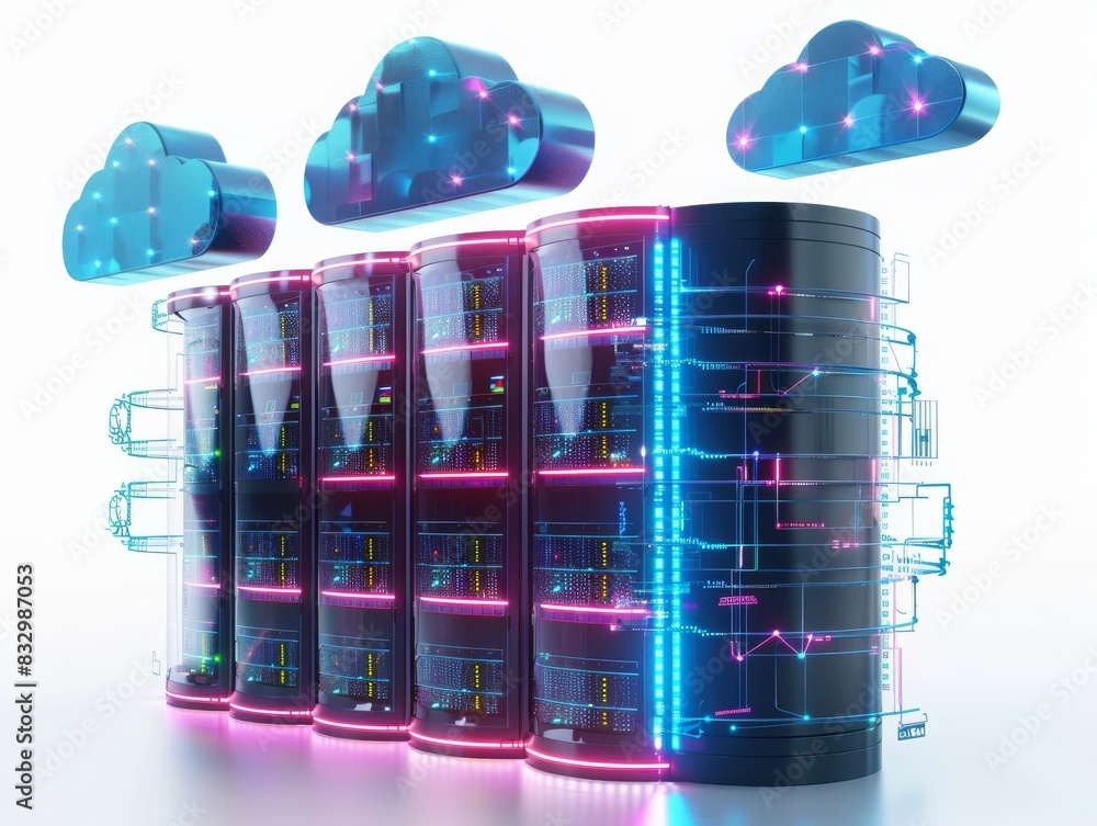 Poster futuristic data center with cloud storage concept, illuminated with vibrant neon lights. ideal for t