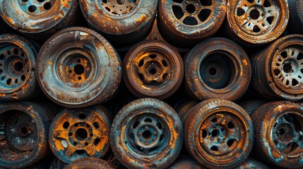 Fototapeta premium Detailed view of corroded alloy wheels stacked in a recycling plant, with textures of rust and grime highlighted in a rugged style