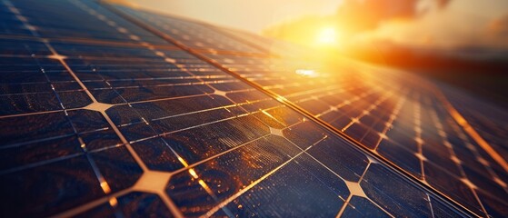 Close-up of solar panels with a beautiful sunset in the background, highlighting renewable energy and sustainable technology.