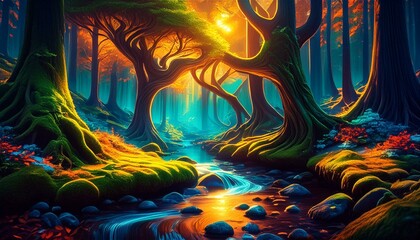 A serene forest scene with tall, ancient trees and a clear, winding stream, bathed in the go