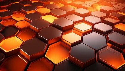 Bright, fiery orange hexagons with subtle gradients and shadow effects, against a dark, grad.