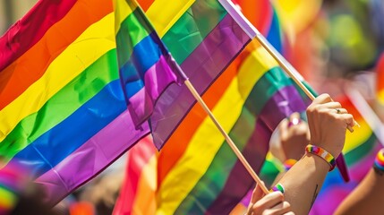 Colorful rainbow flags waved by enthusiastic participants at a lively LGBTQ pride parade celebrating equality and diversity in a vibrant atmosphere.