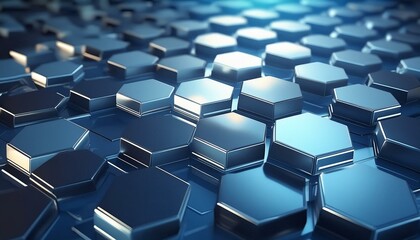 Obraz premium Sleek, metallic silver hexagons with a slight 3D effect, arranged on a deep blue background 