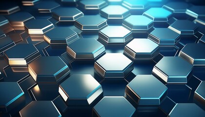  Sleek, metallic silver hexagons with a slight 3D effect, arranged on a deep blue background 