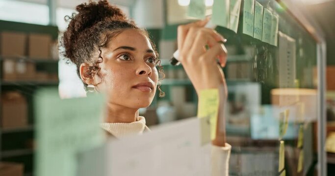 Woman, writing and sticky notes on board for ideas, postit and employee for brainstorming idea and company project. Planning, goals and targets for business, creative worker and thinking with vision