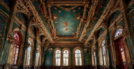 Obraz premium A Symphony of Color: Jewel-Toned Floral Cornice in a Grand Hall. Low view