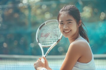 Happy young woman playing tennis, sport, copy space