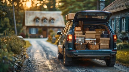 Fototapeta premium The trunk of car is full with cardboard boxes, bags and other objects from moving in front of an apartment building at summer. Back to school concept.