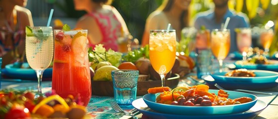 Outdoor summer party with a vibrant table setting, delicious food, and refreshing drinks in a sunny garden atmosphere.
