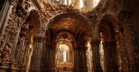 Baroque Grandeur: Gold-Toned Floral Cornice in a Cathedral. low view