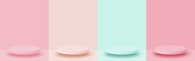 Set of pastel colors scene background with 3d stage podium minimal style.  Vector illustration.