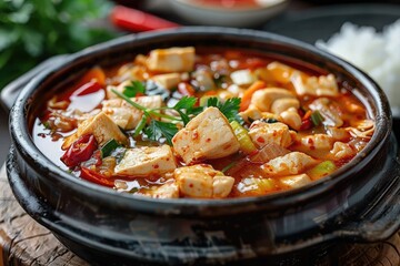 Korean Comfort Food: Indulge in the Spicy Goodness of Sundubu Jjigae (Soft Tofu Stew), a Nourishing Dish Filled with Traditional Korean Flavors.