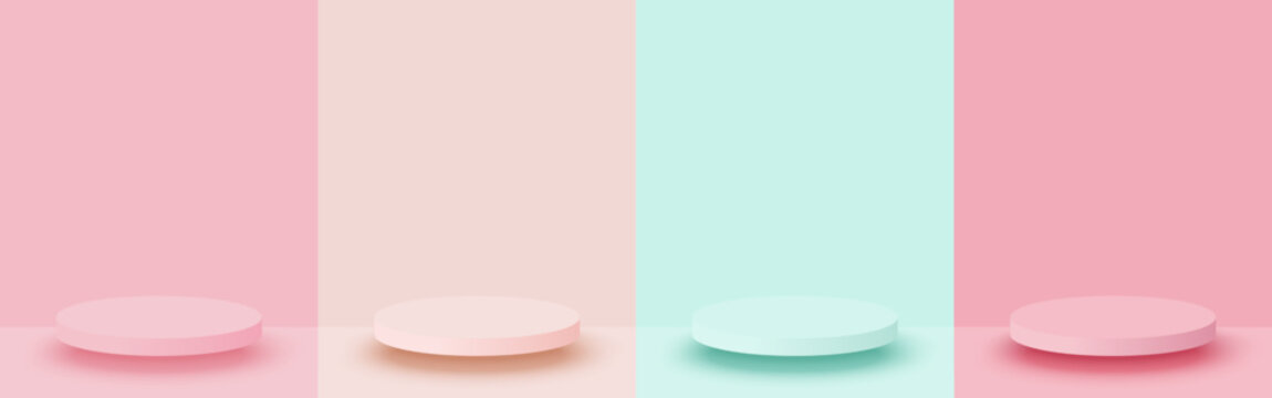 Set of pastel colors scene background with 3d stage podium minimal style.  Vector illustration.