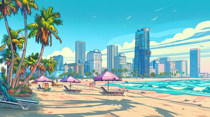 Fototapeta premium A landscape illustration of a prosperous beach city in summer, in the style of comics
