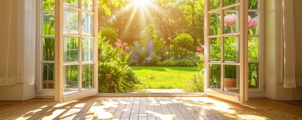 Sunlit garden view through open doors, with flowers, greenery, and warm sunlight filling the space, creating a serene and inviting atmosphere. © narak0rn
