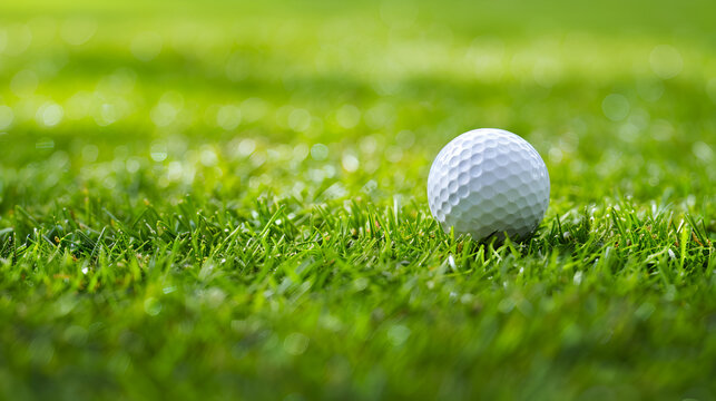 Close-up golf ball on a green grass field, generative AI
