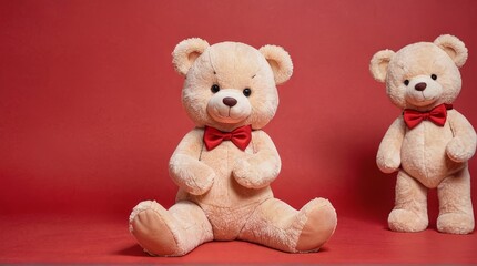 Two Teddy Bears with Red Bows on Red Background