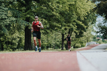 A focused male runner in red tops the frame, with a female jogger in the background, both amidst...