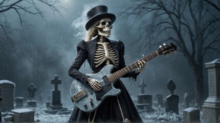 Fototapeta premium Skeleton Rock Star in a Graveyard