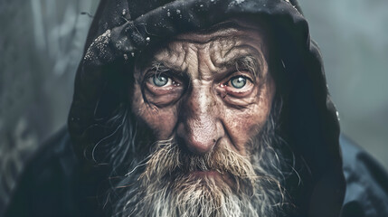 A close-up portrait of a homeless man staring into the camera on a rainy day, looking defeated and dirty, reflecting the concept of homelessness, hope, poverty, and sadness.