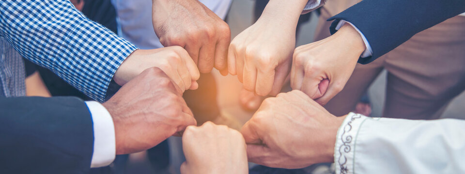 Banner diversity solidarity team multiethnic Partners hands together teamwork. Group of multiracial meetings joins hands together. Panorama Diversity people hands join empower trust team solidarity