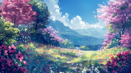 Obraz premium Soothing view of a lush green field with a few rustic trees and a few vibrant flowers