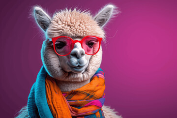 Alpaca in High-End Fashion, Colorful Portrait with a Glamorous Red Glasses on Purple Background