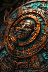 Obraz premium Ornate Mayan Calendar Stone Disc with Vibrant Spiraling Patterns and Symbols in Shadowy Environment