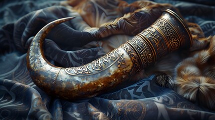 Ornate Viking Drinking Horn with Engraved Runic Inscriptions on Leather-Stained Background