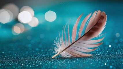 Naklejka premium beautiful white feather on turquoise bokeh background, space for copy text
