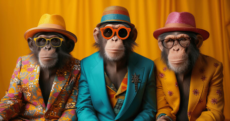 Obraz premium Vibrant Birthday Celebration with Three Monkeys in Colorful Suits and Stylish Glasses