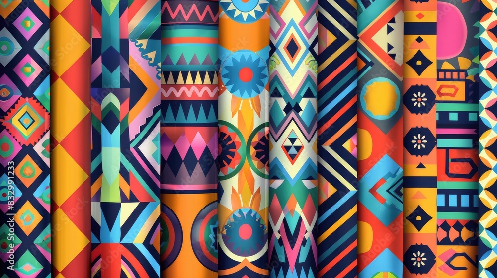 Poster geometric patterns in vibrant colors for seamless borders in textile prints