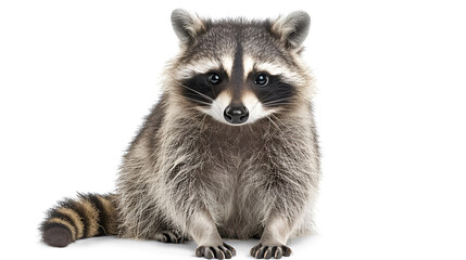 Obraz premium Close-up of a raccoon sitting on an isolated white background , generative AI