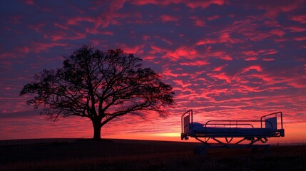 Isolated hospital bed under a dramatic sunset sky, hues of red and purple, dark silhouette of a lone tree, evoking a sense of solitude