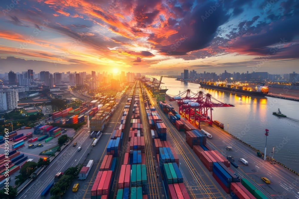 Poster logistics import export at port with lot of container