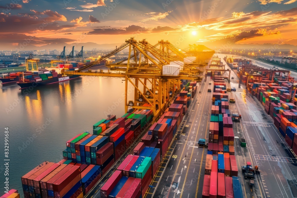 Poster logistics import export at port with lot of container
