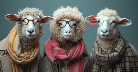 Whimsical Sheep in Colorful Outfits: High-Res Studio Portrait of Funky Lamb with Wig and Glasses
