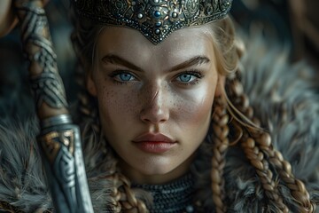 Regal Viking Queen Wielding Ceremonial Dagger in Chiaroscuro Baroque Portrait
