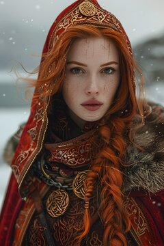 Regal and Commanding Viking Chieftainess Adorned in Intricate Gold Ornaments Gazing Imperiously Amid a Fjord Backdrop