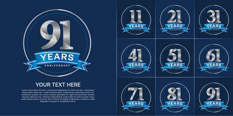 anniversary logotype set vector, silver color with circle and blue ribbon for special day celebration
