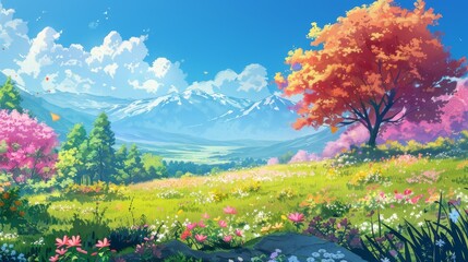 Tranquil setting of a lush green field with a few rustic fences and a few bold flowers