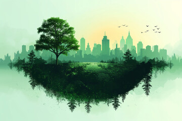 Fototapeta premium Green planet Earth with a cityscape and green tree growing symbolizing growth towards sustainable energy solutions on it in an isolated vector illustration.Concept for an environment protection. Vecto
