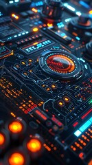 Fototapeta premium Sleek and Complex Cryptocurrency Trading Bot with Futuristic Algorithmic Visualizations and Real-time Market Data Display