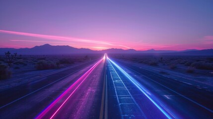 Neon light trails on a lonely highway at sunrise, vibrant rainbow colors blending into a pink purple horizon