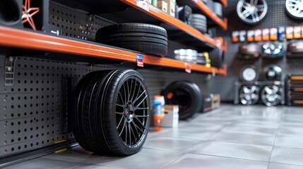 Organized garage space with black alloy wheels displayed on modern, clean storage shelves, combining style and utility for a professional look